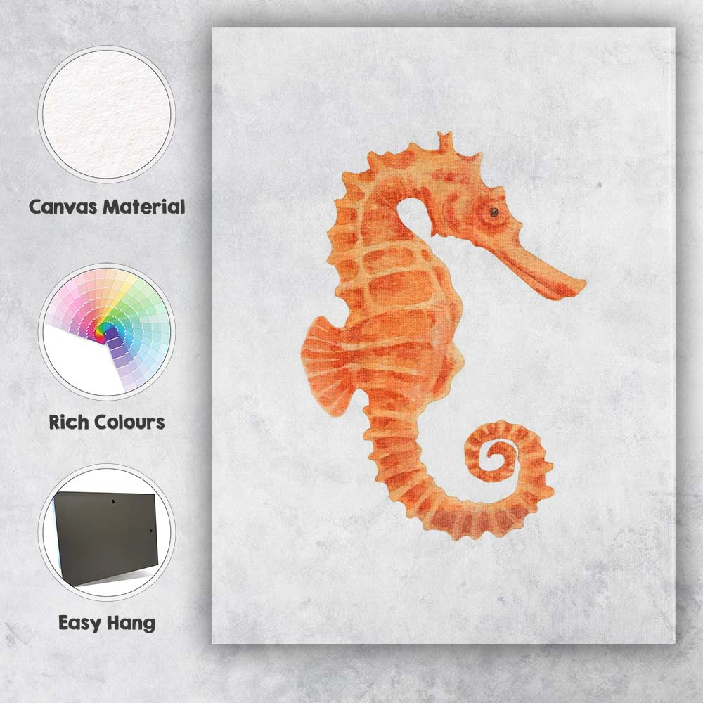 Watercolour Orange Seahorse Coastal Marine Illustration Canvas Wall Art Print Decor Picture Ready to Hang