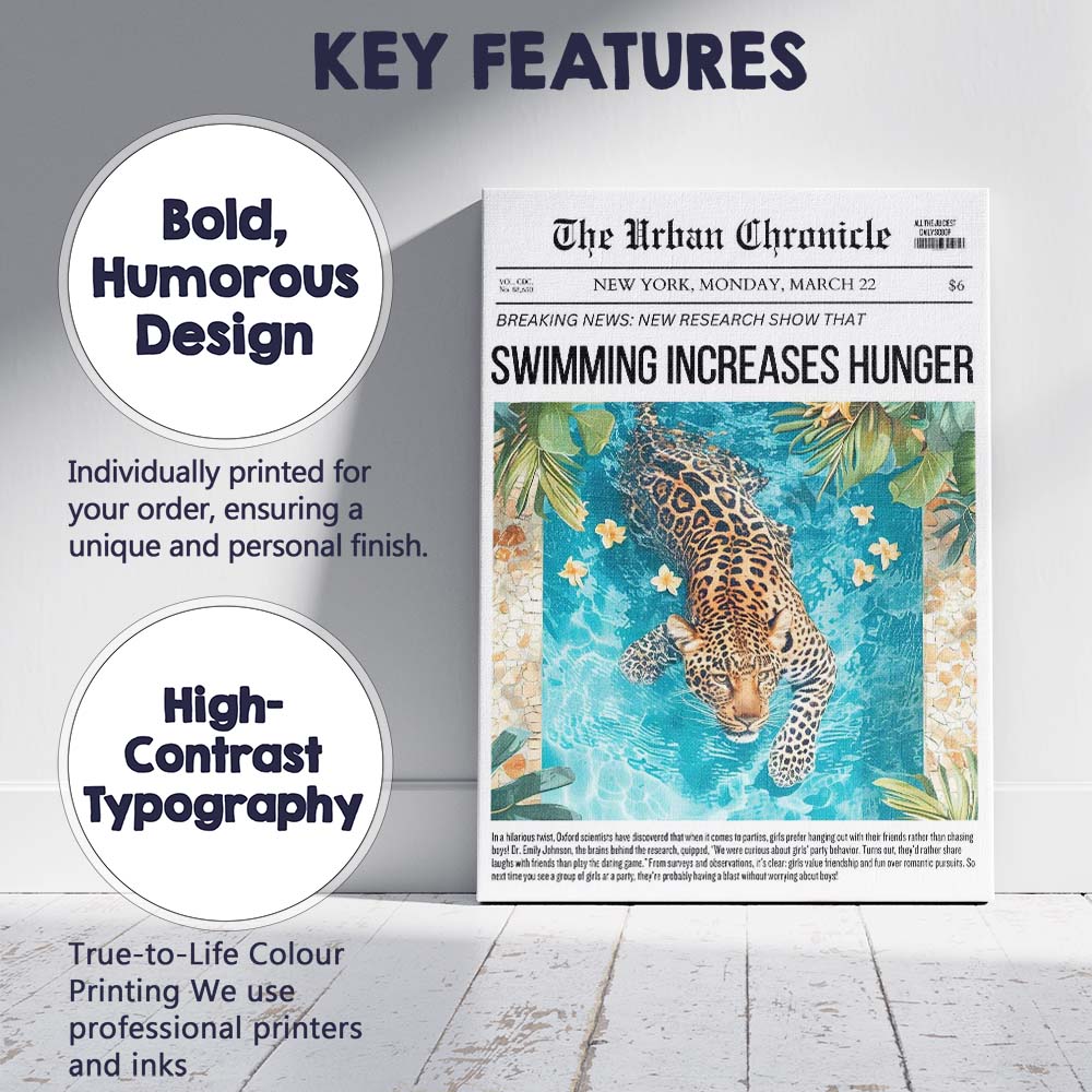 Tropical Leopard Swimming Pool Newspaper Collage Canvas Wall Art Print Decor Picture Ready to Hang