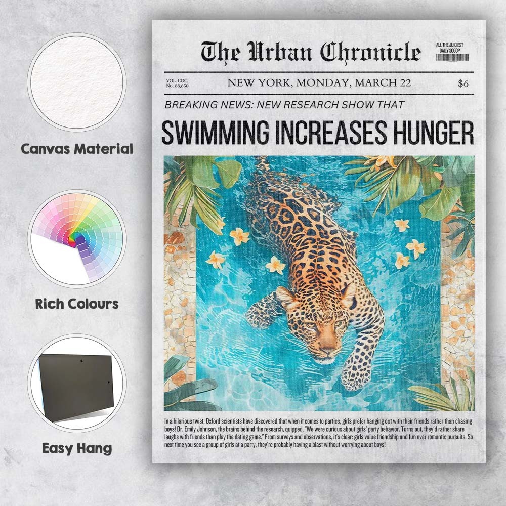 Tropical Leopard Swimming Pool Newspaper Collage Canvas Wall Art Print Decor Picture Ready to Hang