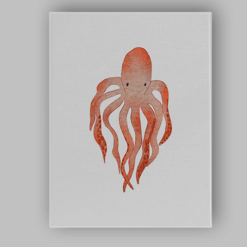 Watercolour Orange Octopus Coastal Marine Illustration Canvas Wall Art Print Decor Picture Ready to Hang