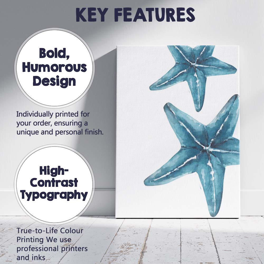 Blue Watercolour Starfish Coastal Duo Illustration Canvas Wall Art Print Decor Picture Ready to Hang