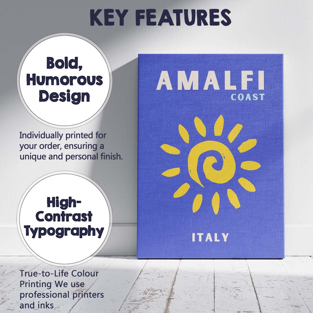 Amalfi Coast Italy Minimalist Yellow Sun Travel Poster Canvas Wall Art Print Decor Picture Ready to Hang