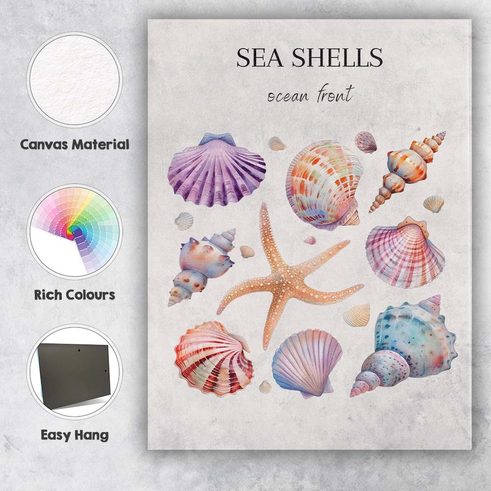Pastel Sea Shells Ocean Front Coastal Watercolour Collection Canvas Wall Art Print Decor Picture Ready to Hang