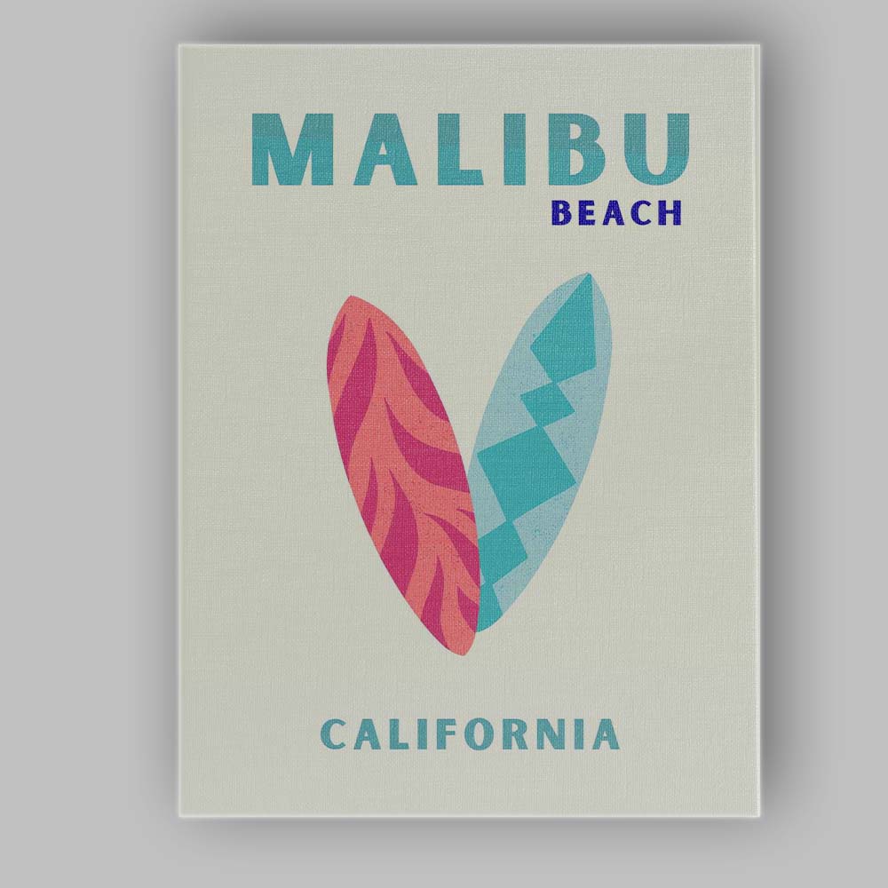 Malibu Beach California Surfboard Coastal Travel Poster Canvas Wall Art Print Decor Picture Ready to Hang