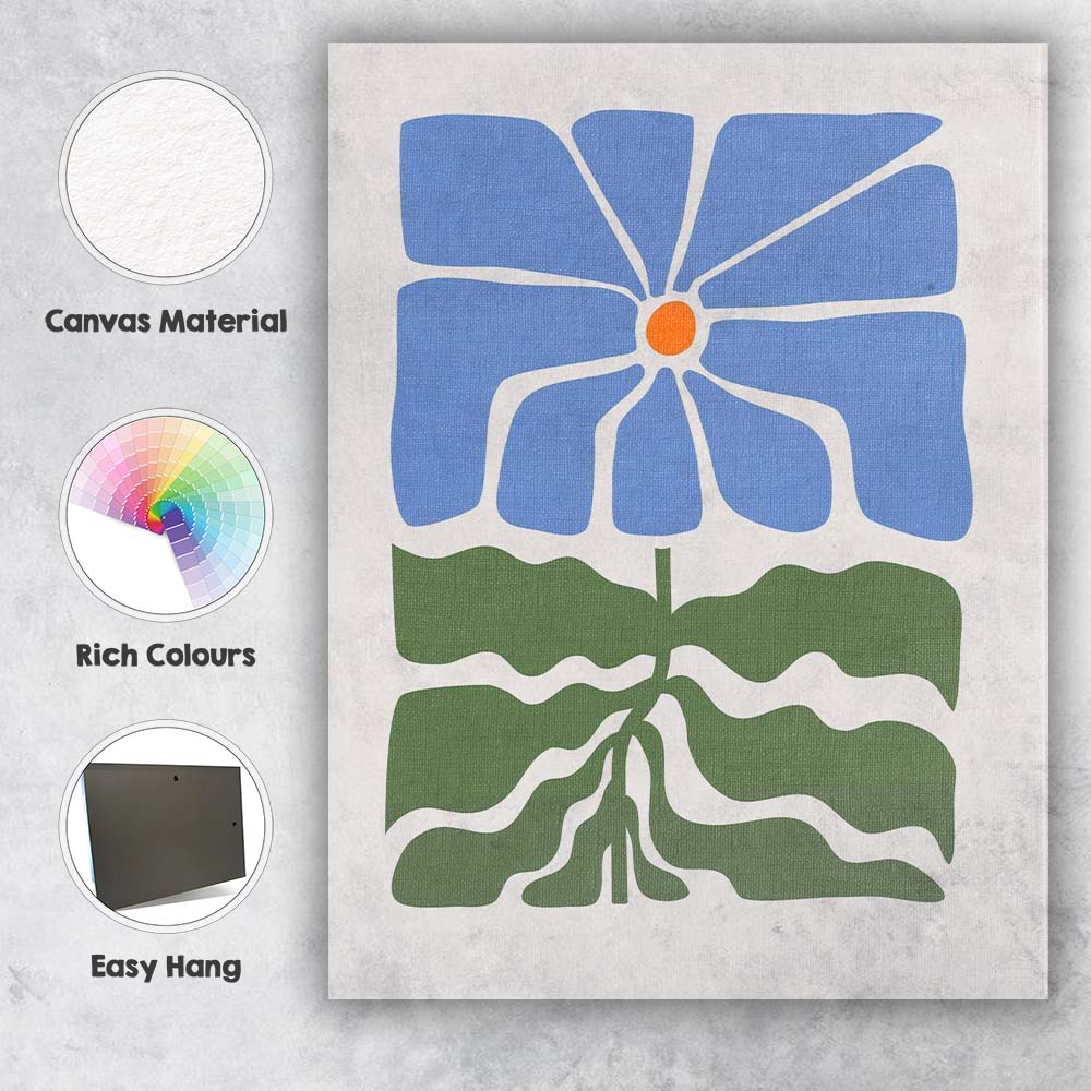 Scandinavian Blue Flower Green Leaves Minimalist Illustration Canvas Wall Art Print Decor Picture Ready to Hang