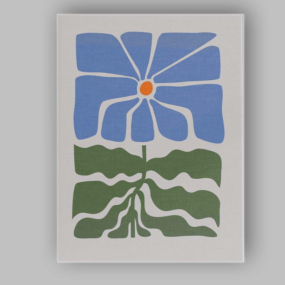 Scandinavian Blue Flower Green Leaves Minimalist Illustration Canvas Wall Art Print Decor Picture Ready to Hang