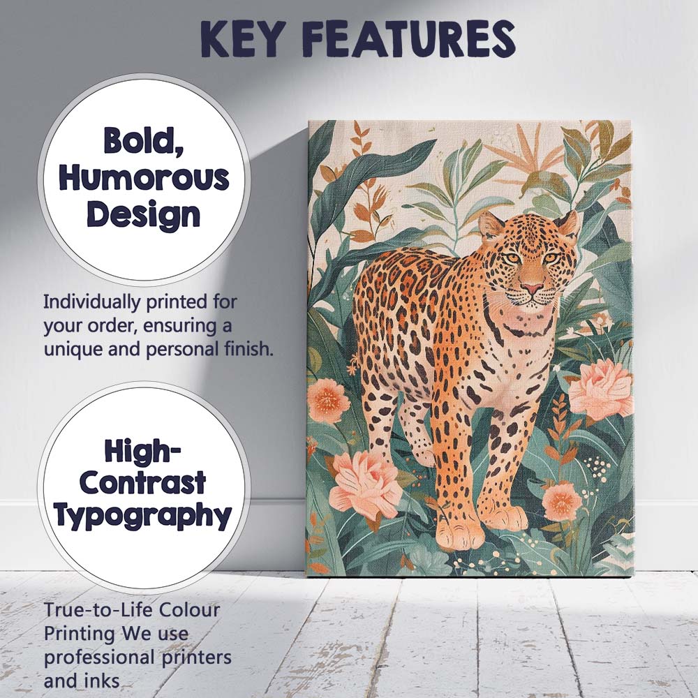 Botanical Leopard Jungle Floral Wildlife Illustration Canvas Wall Art Print Decor Picture Ready to Hang