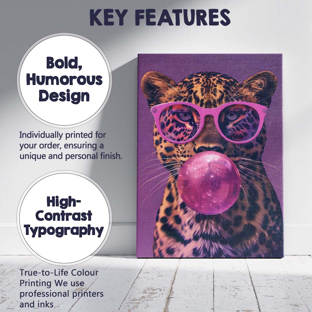 Pop Art Leopard With Pink Sunglasses Bubblegum Portrait Canvas Wall Art Print Decor Picture Ready to Hang