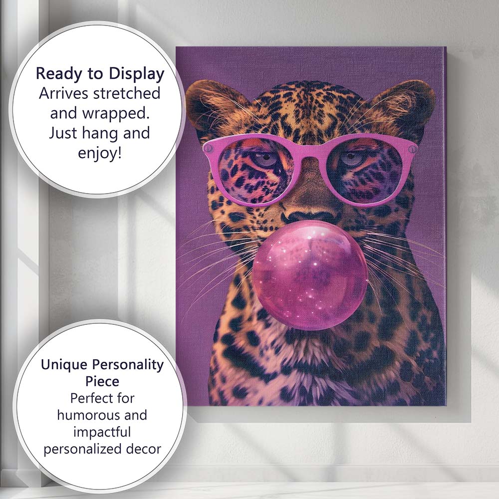 Pop Art Leopard With Pink Sunglasses Bubblegum Portrait Canvas Wall Art Print Decor Picture Ready to Hang