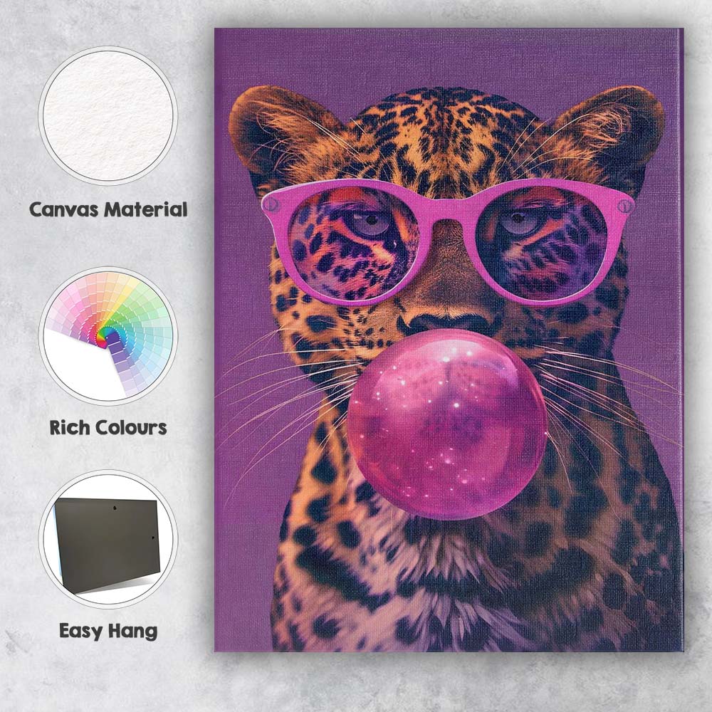 Pop Art Leopard With Pink Sunglasses Bubblegum Portrait Canvas Wall Art Print Decor Picture Ready to Hang