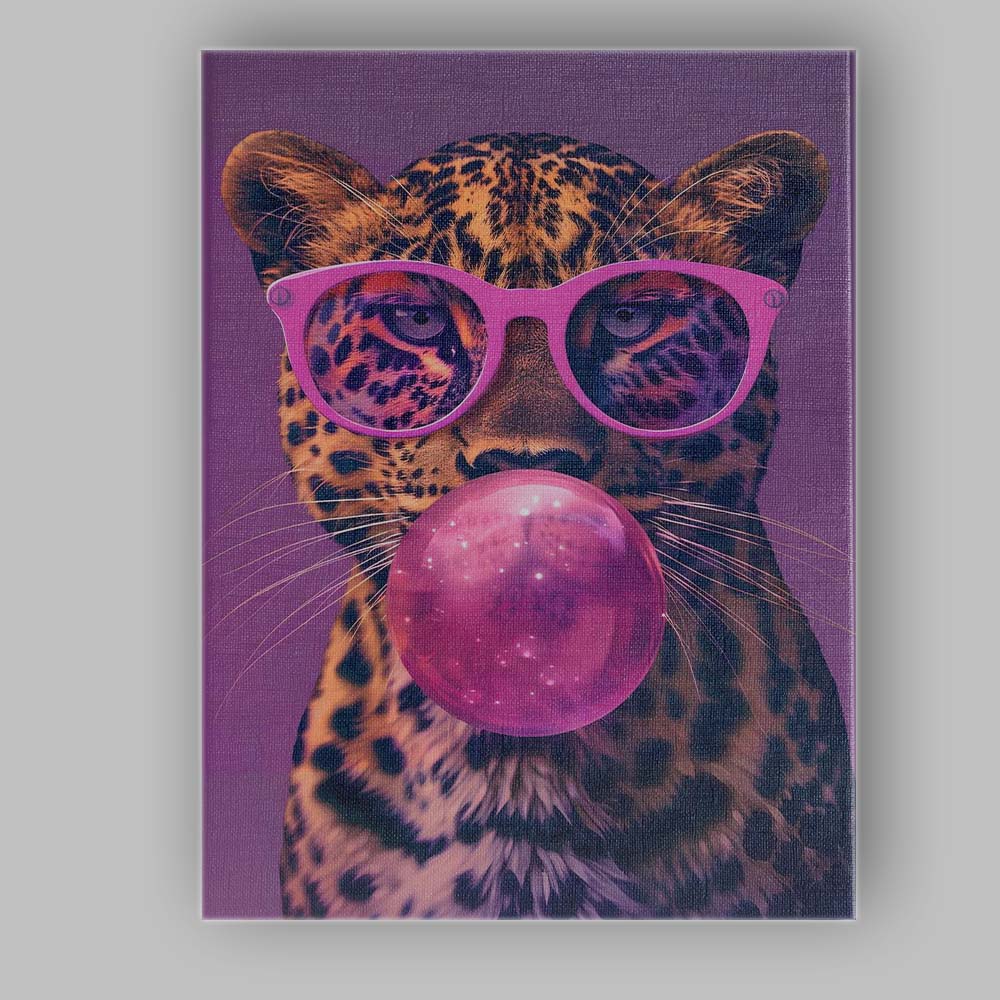 Pop Art Leopard With Pink Sunglasses Bubblegum Portrait Canvas Wall Art Print Decor Picture Ready to Hang