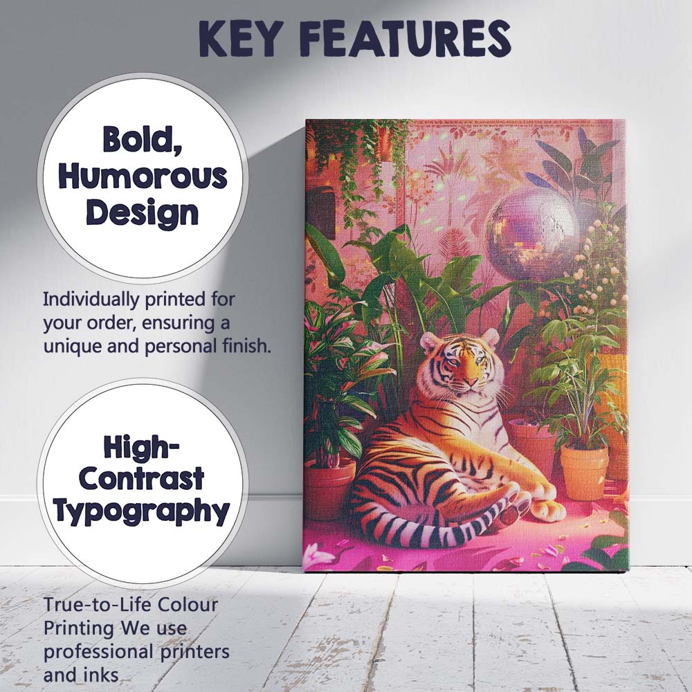 Tropical Indoor Tiger Disco Ball Botanical Interior Canvas Wall Art Print Decor Picture Ready to Hang
