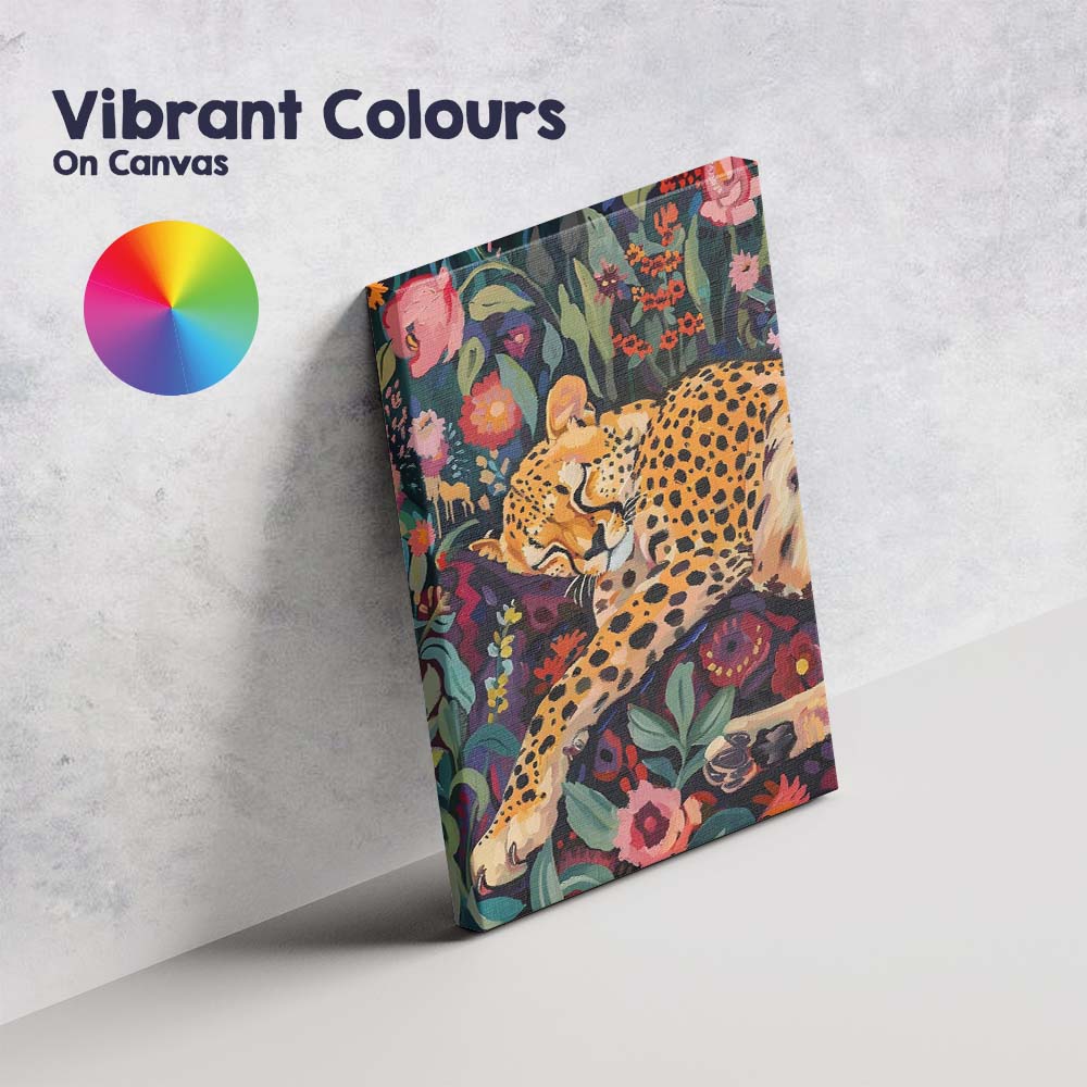 Sleeping Leopard Colourful Floral Garden Painterly Canvas Wall Art Print Decor Picture Ready to Hang