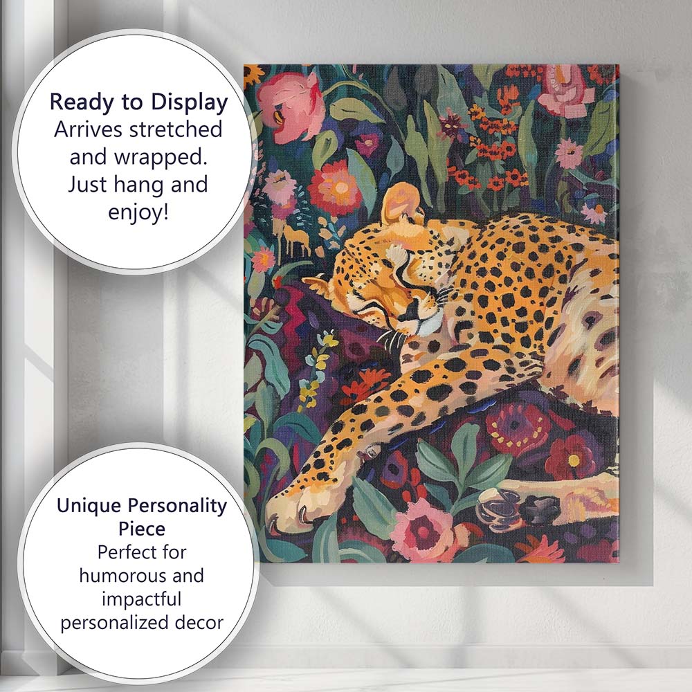 Sleeping Leopard Colourful Floral Garden Painterly Canvas Wall Art Print Decor Picture Ready to Hang