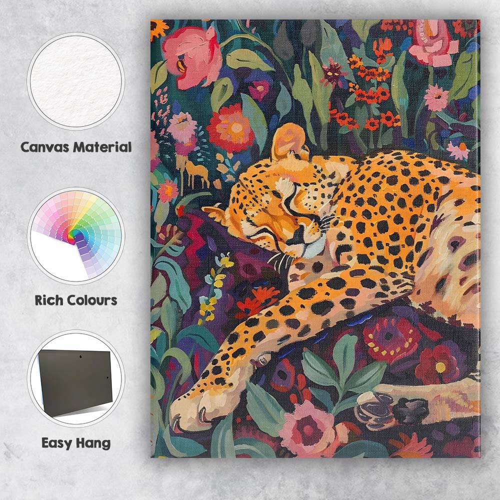 Sleeping Leopard Colourful Floral Garden Painterly Canvas Wall Art Print Decor Picture Ready to Hang