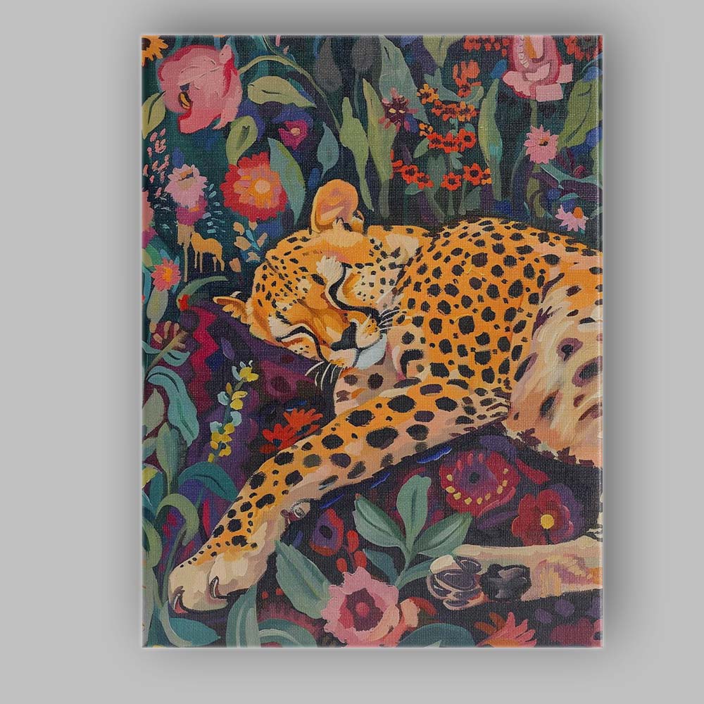 Sleeping Leopard Colourful Floral Garden Painterly Canvas Wall Art Print Decor Picture Ready to Hang