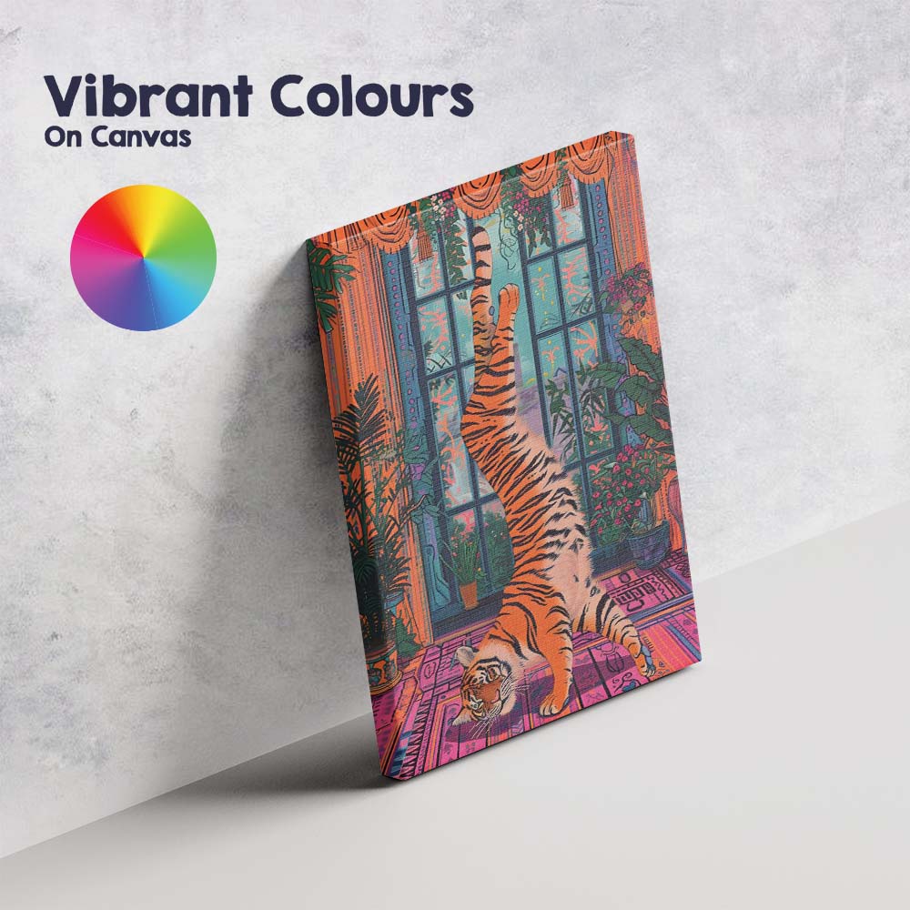 Playful Tiger Handstand Colourful Botanical Interior Canvas Wall Art Print Decor Picture Ready to Hang