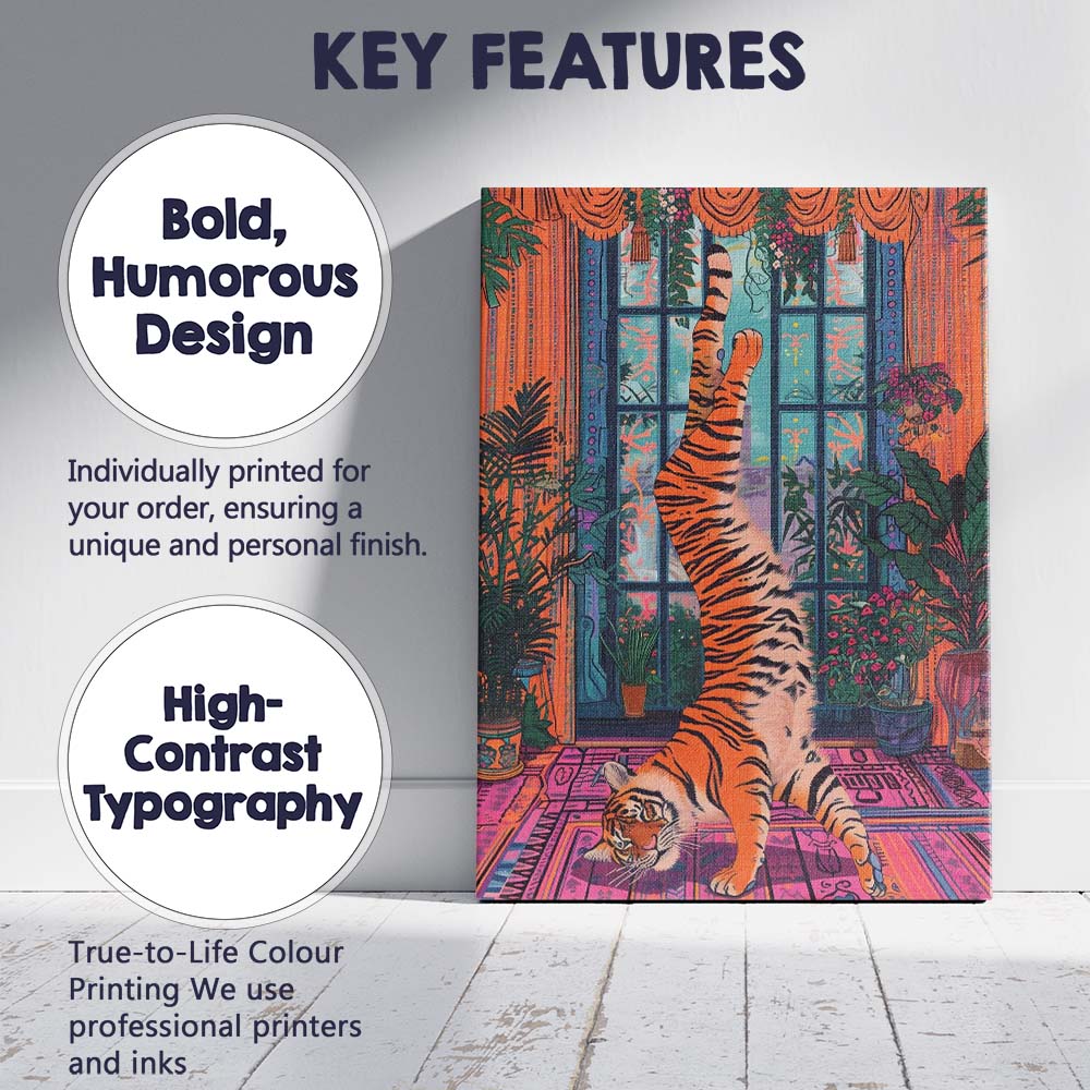 Playful Tiger Handstand Colourful Botanical Interior Canvas Wall Art Print Decor Picture Ready to Hang