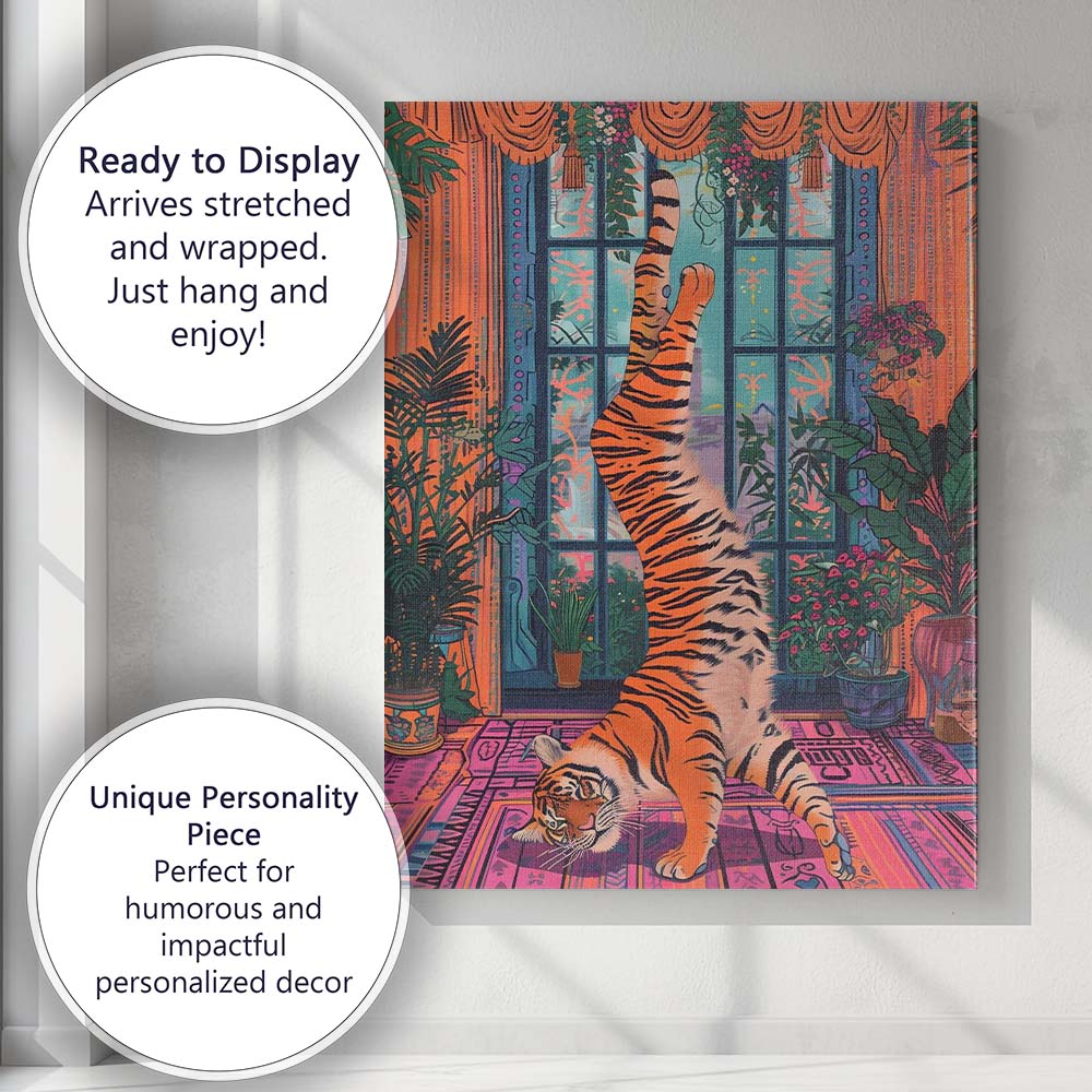 Playful Tiger Handstand Colourful Botanical Interior Canvas Wall Art Print Decor Picture Ready to Hang