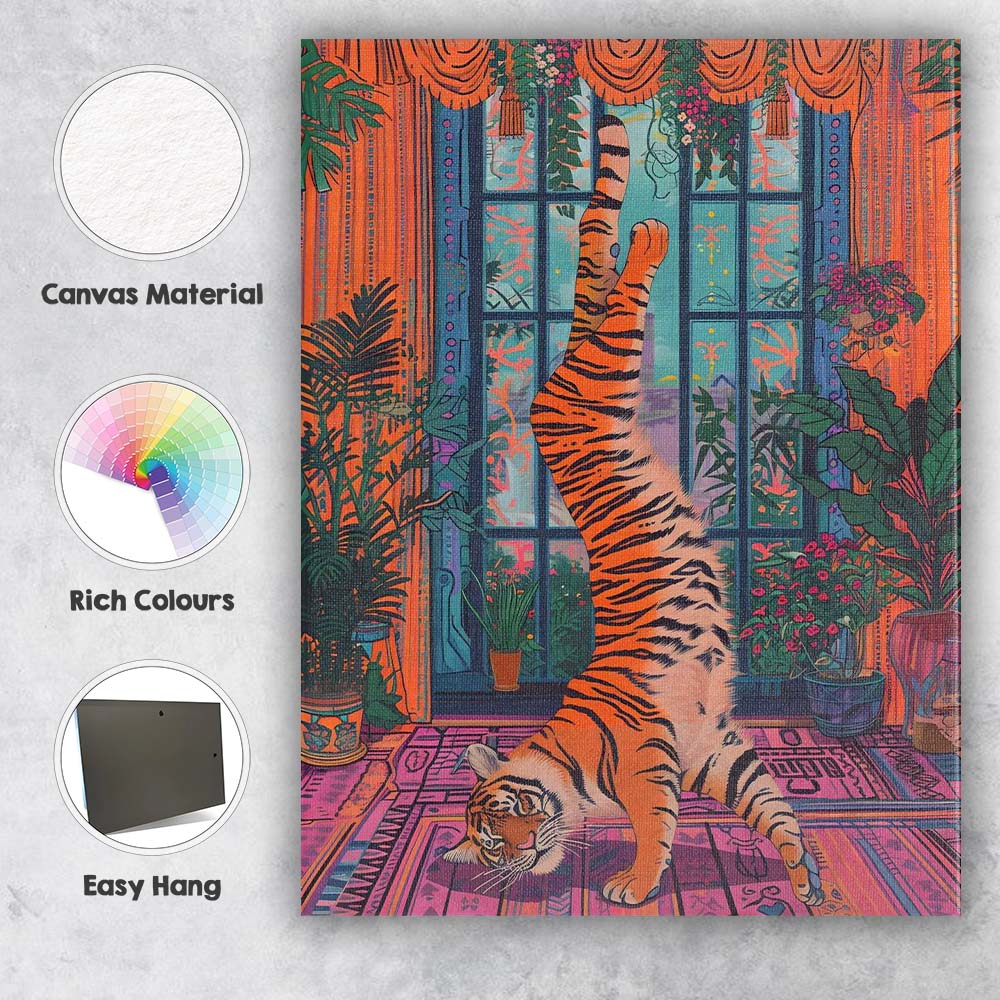 Playful Tiger Handstand Colourful Botanical Interior Canvas Wall Art Print Decor Picture Ready to Hang