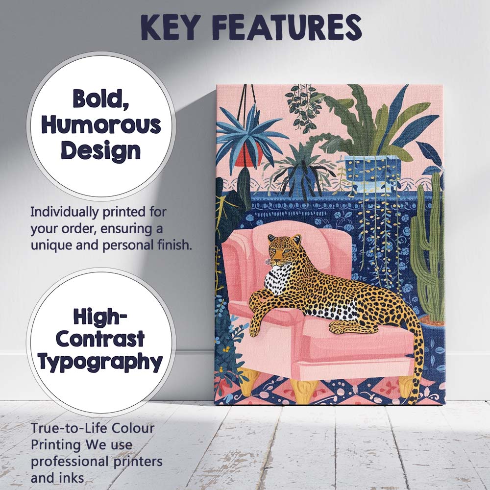 Stylish Leopard On Pink Armchair Botanical Interior Canvas Wall Art Print Decor Picture Ready to Hang