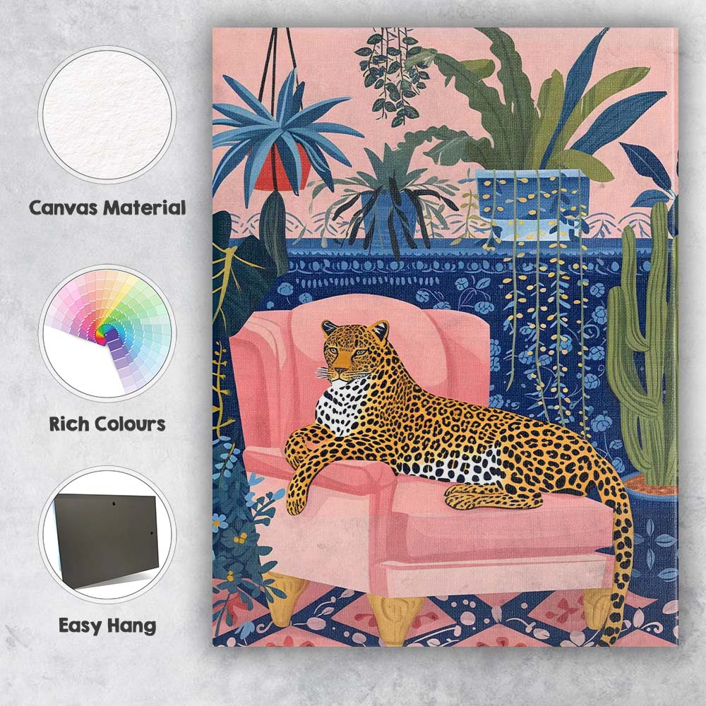 Stylish Leopard On Pink Armchair Botanical Interior Canvas Wall Art Print Decor Picture Ready to Hang
