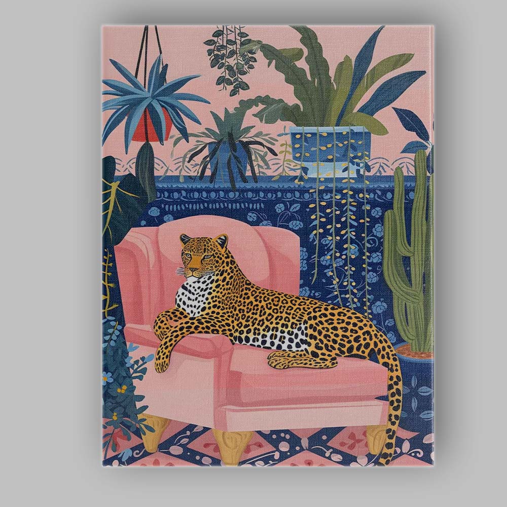 Stylish Leopard On Pink Armchair Botanical Interior Canvas Wall Art Print Decor Picture Ready to Hang