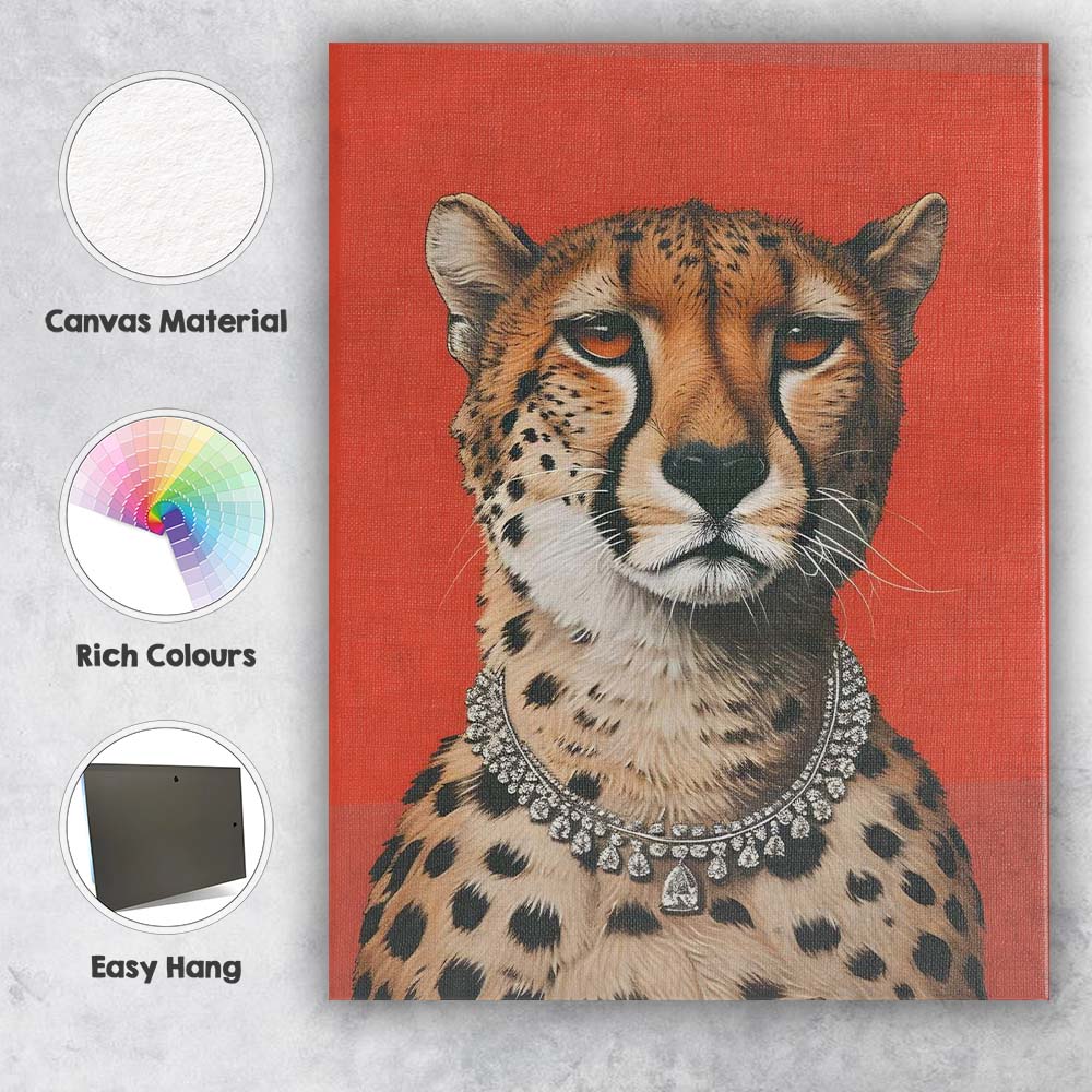 Elegant Cheetah Diamond Necklace Fashion Portrait Canvas Wall Art Print Decor Picture Ready to Hang