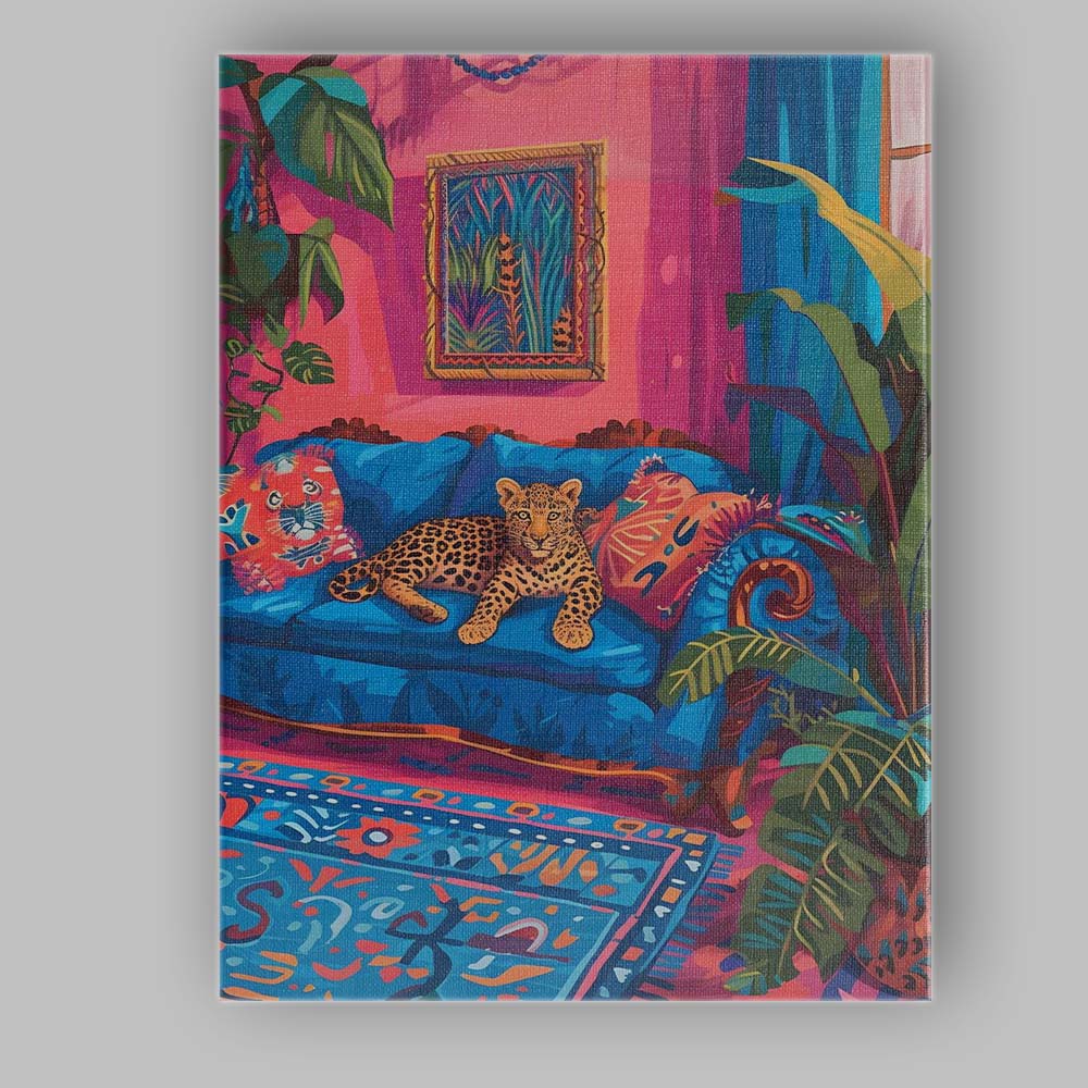 Cosy Leopard On Blue Sofa Colourful Tropical Living Room Canvas Wall Art Print Decor Picture Ready to Hang
