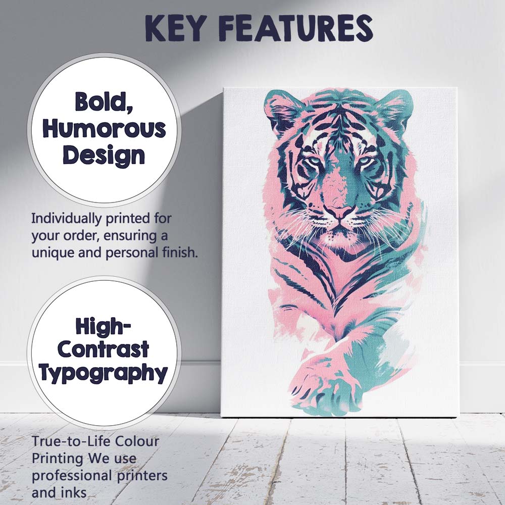 Pastel Pink Blue Tiger Head Contemporary Brushstroke Portrait Canvas Wall Art Print Decor Picture Ready to Hang