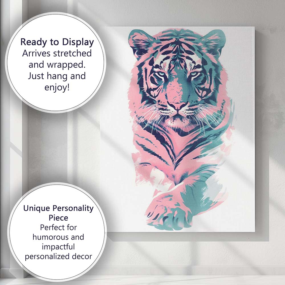 Pastel Pink Blue Tiger Head Contemporary Brushstroke Portrait Canvas Wall Art Print Decor Picture Ready to Hang