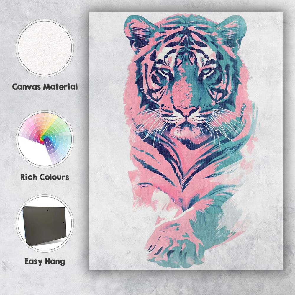 Pastel Pink Blue Tiger Head Contemporary Brushstroke Portrait Canvas Wall Art Print Decor Picture Ready to Hang