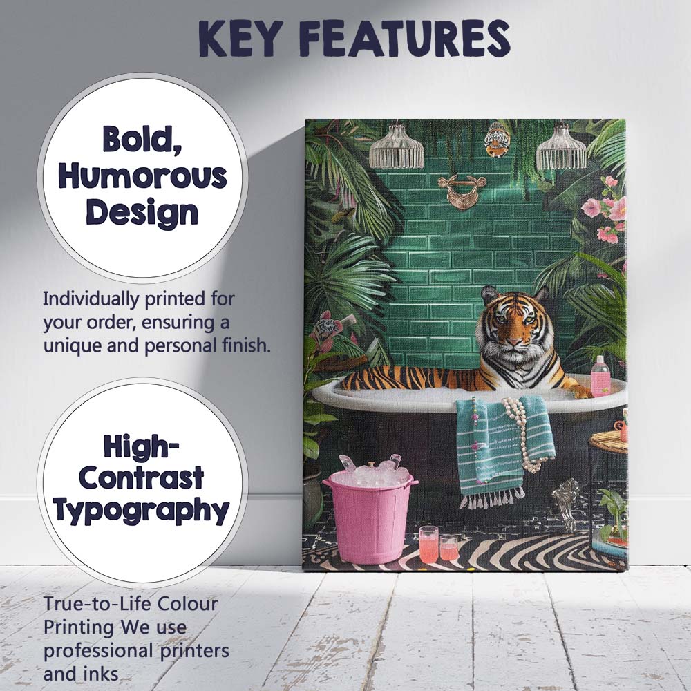 Luxury Tiger Relaxing In Bubble Bath Tropical Bathroom Canvas Wall Art Print Decor Picture Ready to Hang