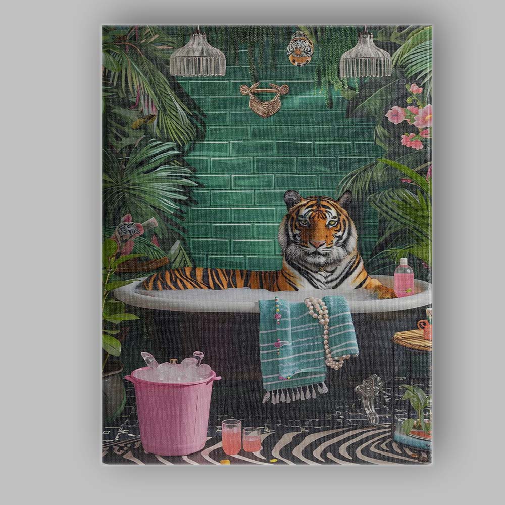 Luxury Tiger Relaxing In Bubble Bath Tropical Bathroom Canvas Wall Art Print Decor Picture Ready to Hang