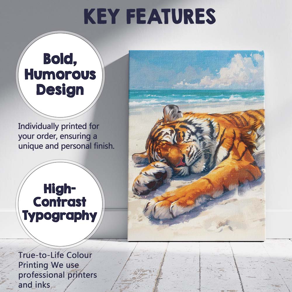 Sleeping Tiger On Sunny Beach Coastal Oil Painting Canvas Wall Art Print Decor Picture Ready to Hang