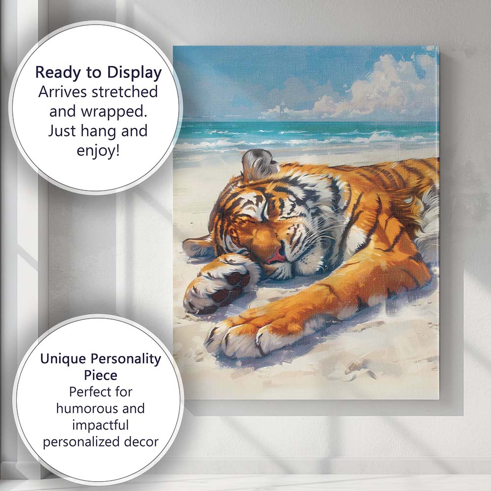 Sleeping Tiger On Sunny Beach Coastal Oil Painting Canvas Wall Art Print Decor Picture Ready to Hang