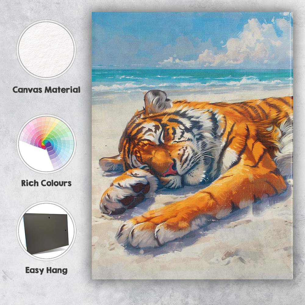 Sleeping Tiger On Sunny Beach Coastal Oil Painting Canvas Wall Art Print Decor Picture Ready to Hang