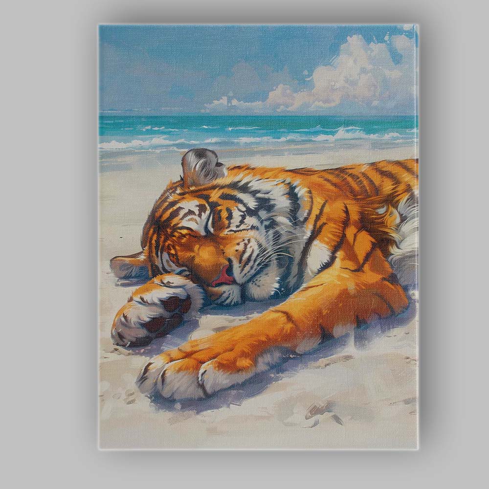 Sleeping Tiger On Sunny Beach Coastal Oil Painting Canvas Wall Art Print Decor Picture Ready to Hang