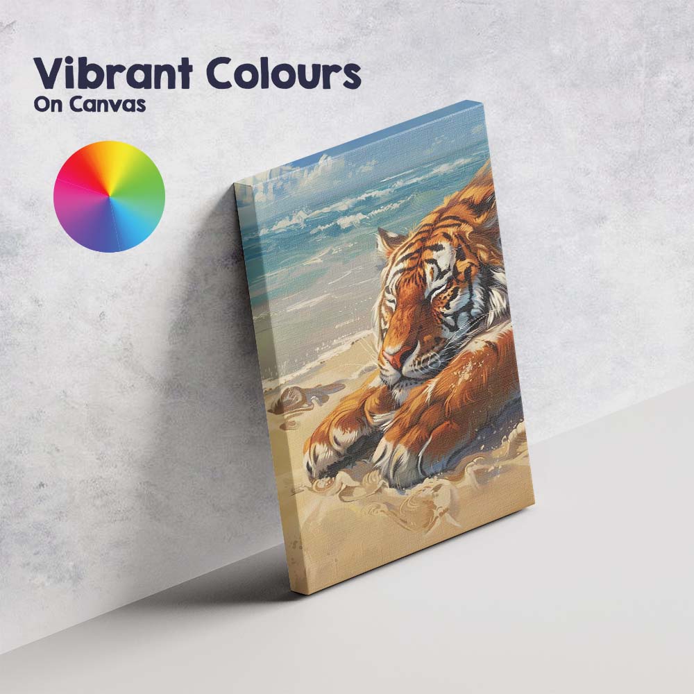Sleeping Tiger Resting On Sandy Beach Coastal Oil Painting Canvas Wall Art Print Decor Picture Ready to Hang
