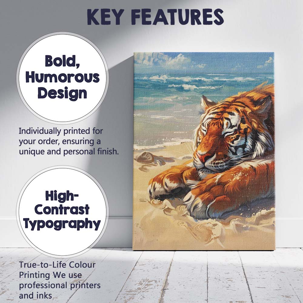 Sleeping Tiger Resting On Sandy Beach Coastal Oil Painting Canvas Wall Art Print Decor Picture Ready to Hang