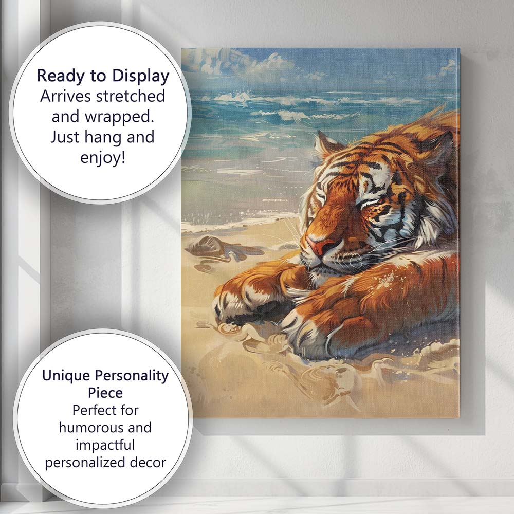 Sleeping Tiger Resting On Sandy Beach Coastal Oil Painting Canvas Wall Art Print Decor Picture Ready to Hang