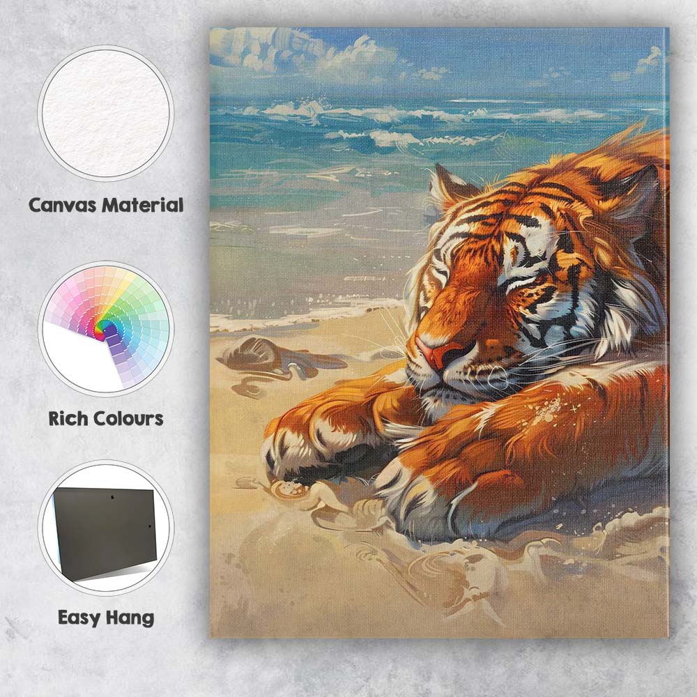 Sleeping Tiger Resting On Sandy Beach Coastal Oil Painting Canvas Wall Art Print Decor Picture Ready to Hang