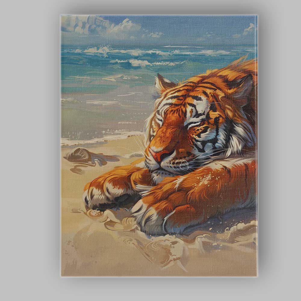 Sleeping Tiger Resting On Sandy Beach Coastal Oil Painting Canvas Wall Art Print Decor Picture Ready to Hang