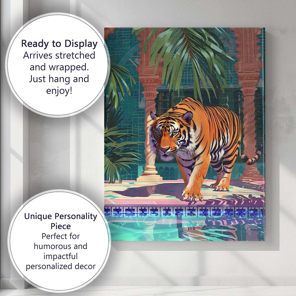 Majestic Tiger Walking Through Tropical Palace Courtyard Canvas Wall Art Print Decor Picture Ready to Hang