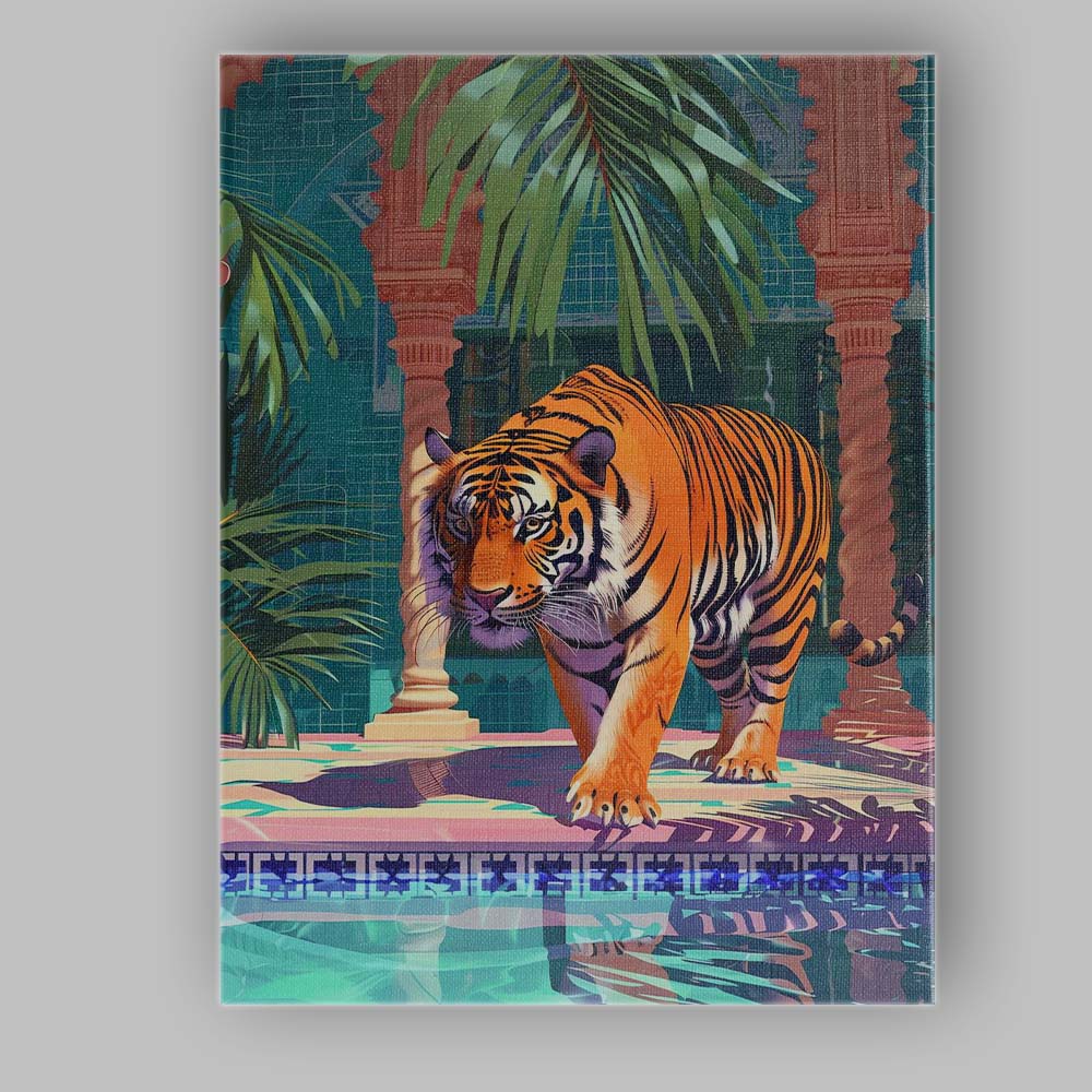 Majestic Tiger Walking Through Tropical Palace Courtyard Canvas Wall Art Print Decor Picture Ready to Hang