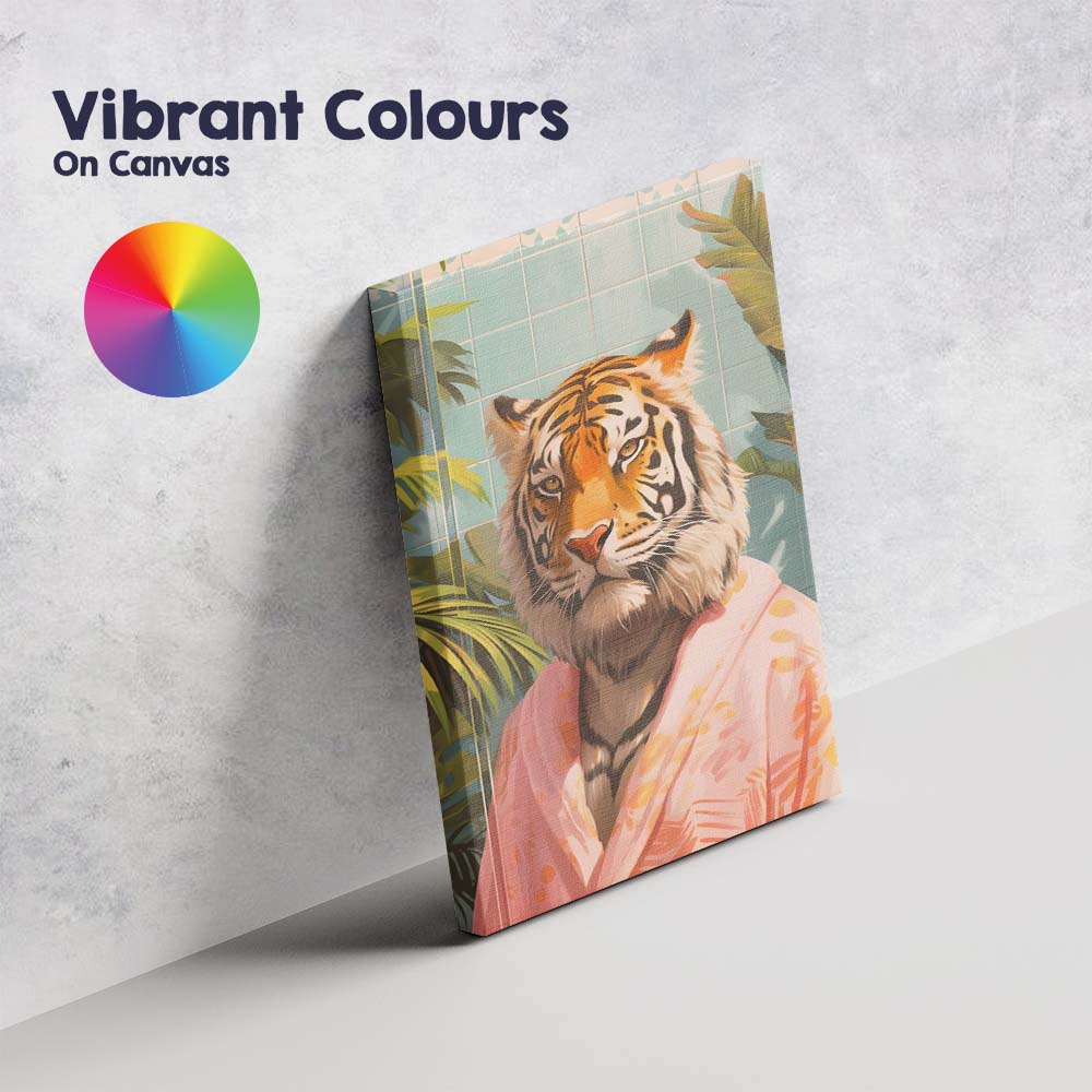 Elegant Tiger Wearing Pink Bathrobe Tropical Spa Portrait Canvas Wall Art Print Decor Picture Ready to Hang