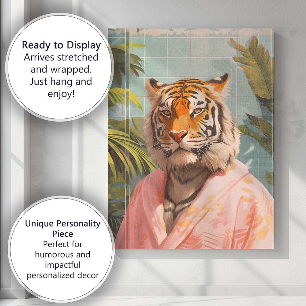 Elegant Tiger Wearing Pink Bathrobe Tropical Spa Portrait Canvas Wall Art Print Decor Picture Ready to Hang