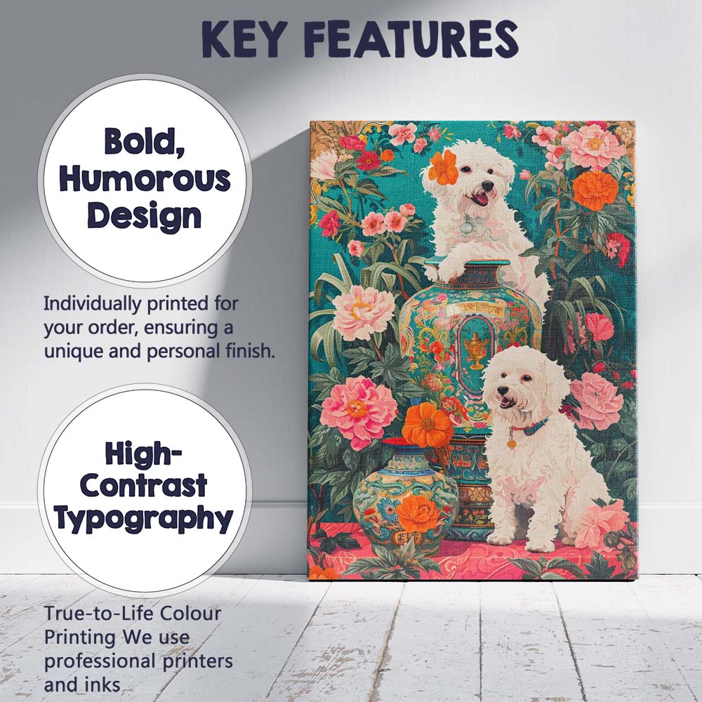 White Bichon Dogs With Ornate Floral Garden Vases Canvas Wall Art Print Decor Picture Ready to Hang