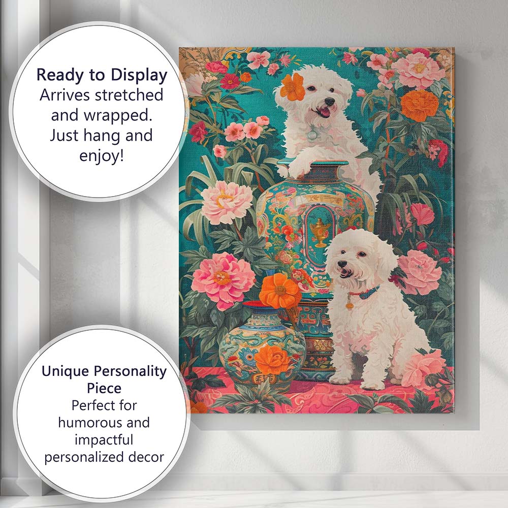 White Bichon Dogs With Ornate Floral Garden Vases Canvas Wall Art Print Decor Picture Ready to Hang