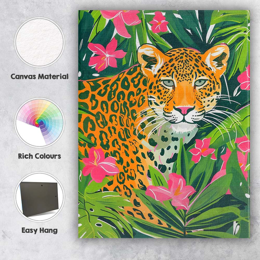 Tropical Leopard Among Pink Hibiscus Jungle Leaves Canvas Wall Art Print Decor Picture Ready to Hang